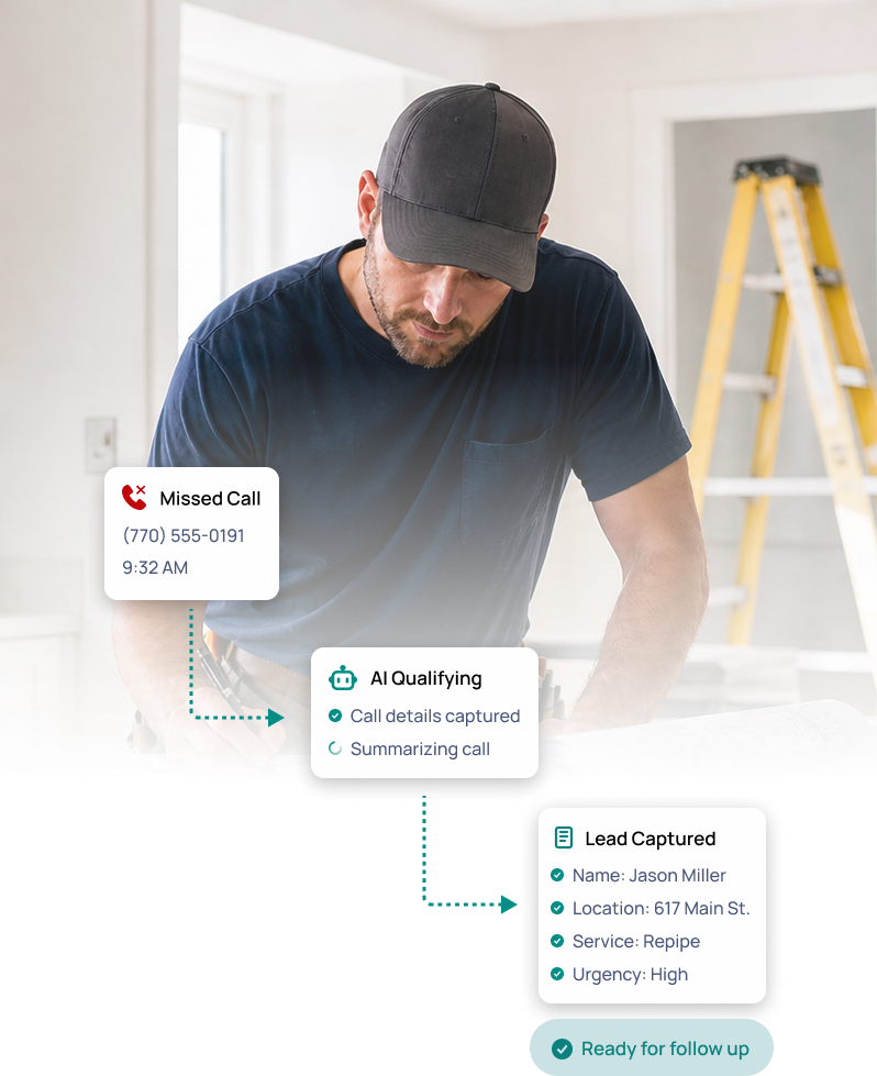 Contractor working while FrontPocket captures and qualifies a missed call lead