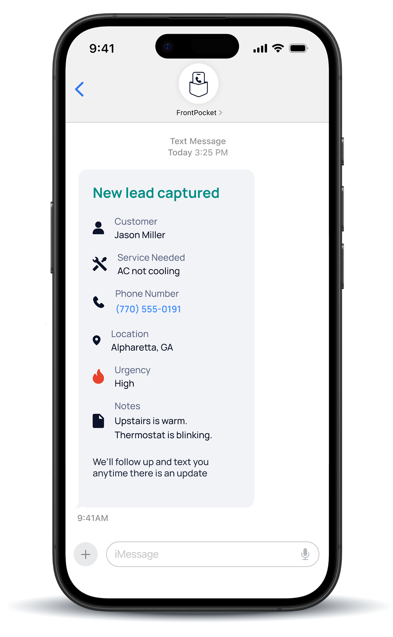 FrontPocket text summary example on a phone screen